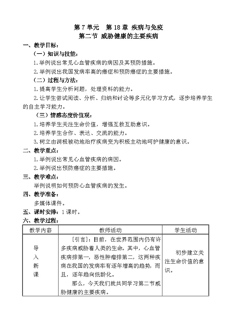 苏教版生物八年级下册 第二十五章 第二节 威胁健康的主要疾病-教案01
