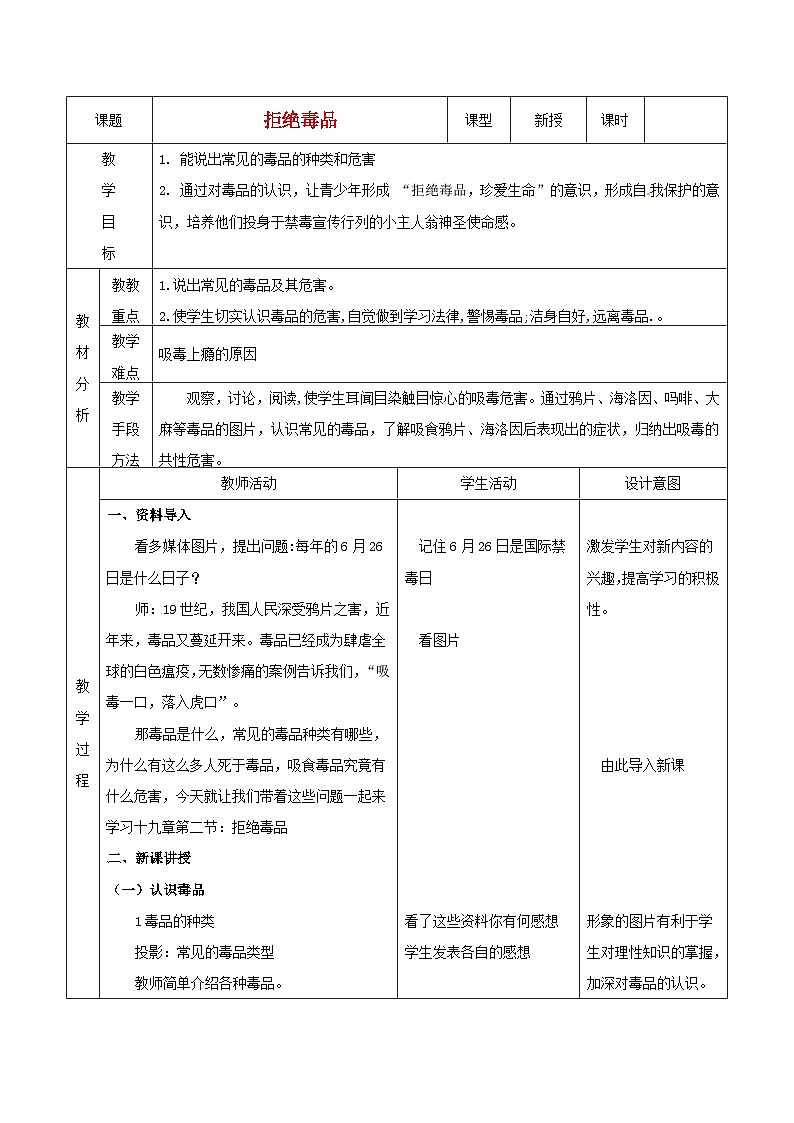 苏教版生物八年级下册 第二十六章 第二节 拒绝毒品(4)-教案第1页