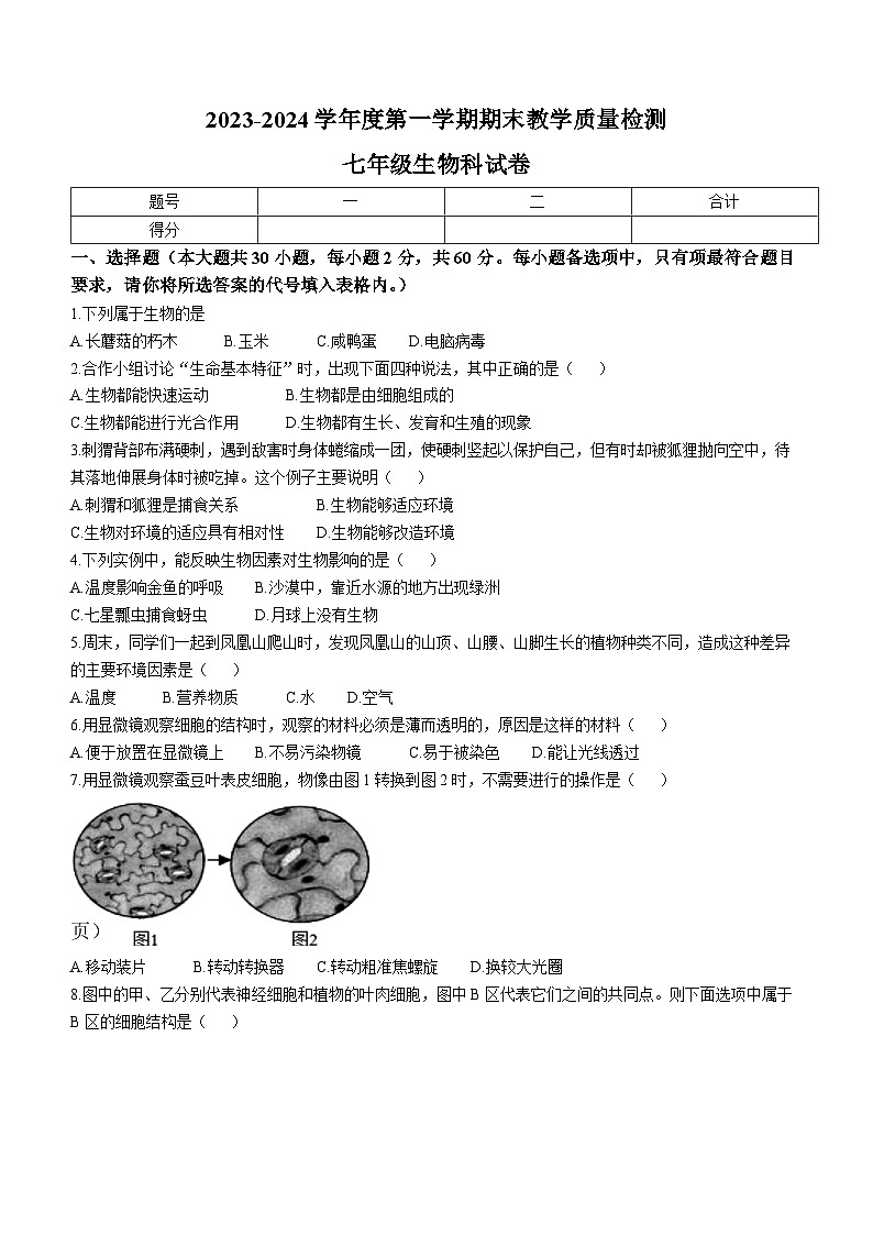 广东省潮州市潮安区2023-2024学年七年级上学期期末考试生物试题第1页