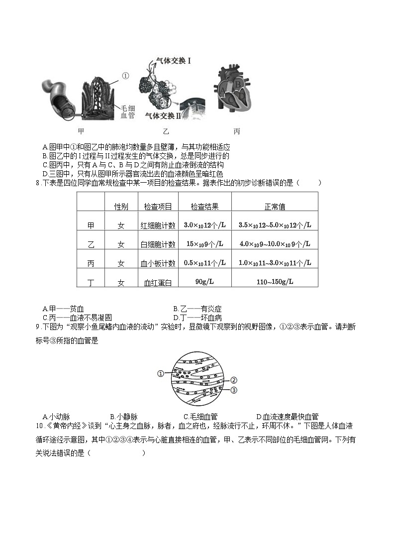 专题04 生物圈中的人（三）人体内的物质运输（过练习）-备战2024年中考生物新课标专题过过过02