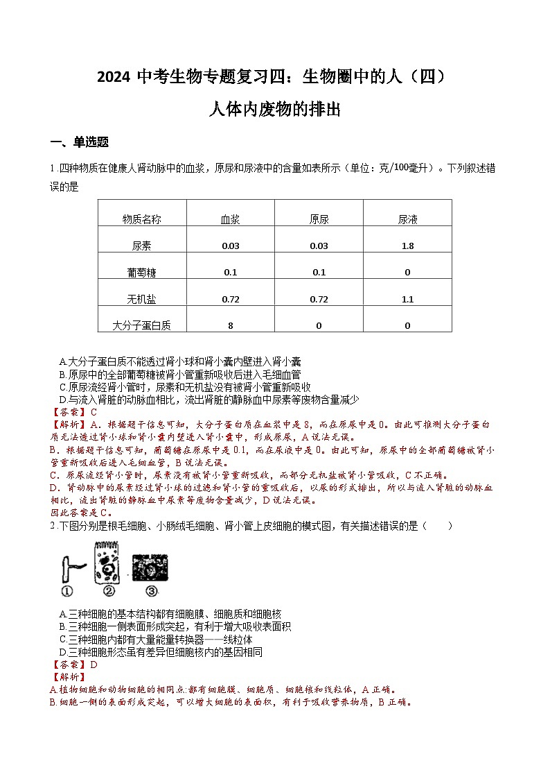 专题04 生物圈中的人（四）人体内废物的排出（解析版）第1页