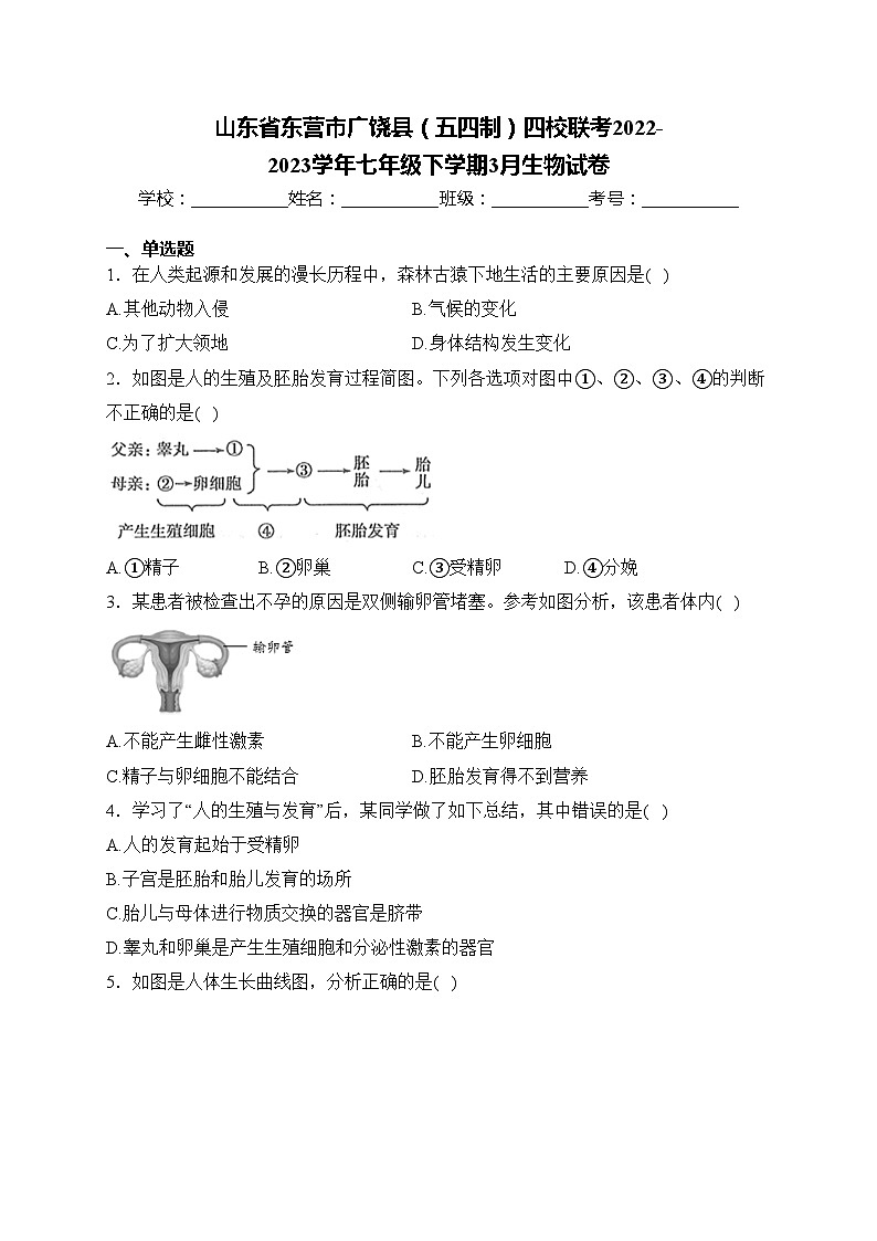 山东省东营市广饶县（五四制）四校联考2022-2023学年七年级下学期3月生物试卷(含答案)01