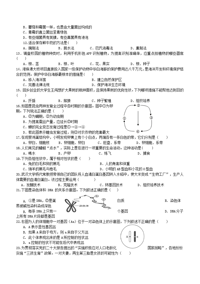 湖南省怀化市雅礼实验学校2023-2024学年八年级下学期入学考试生物试题(1)第2页