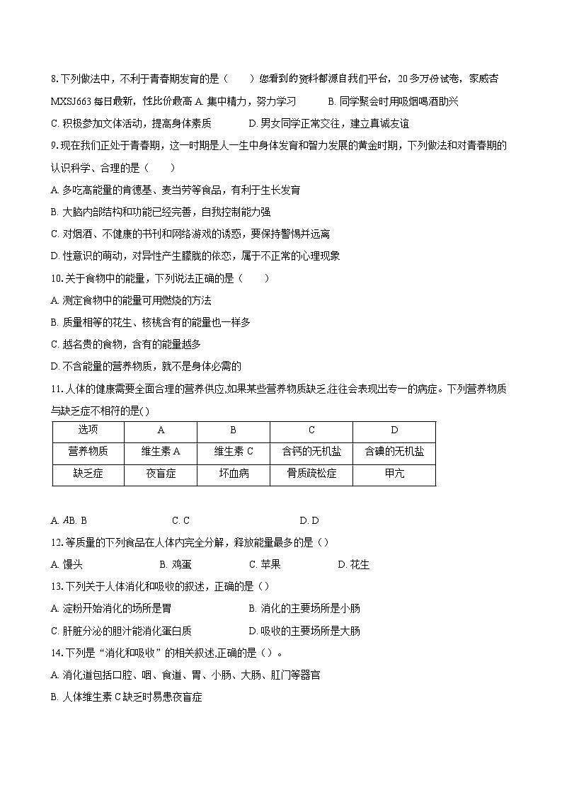 山东省聊城市东阿县第三中学2023-2024学年七年级下学期开学考试生物试题02