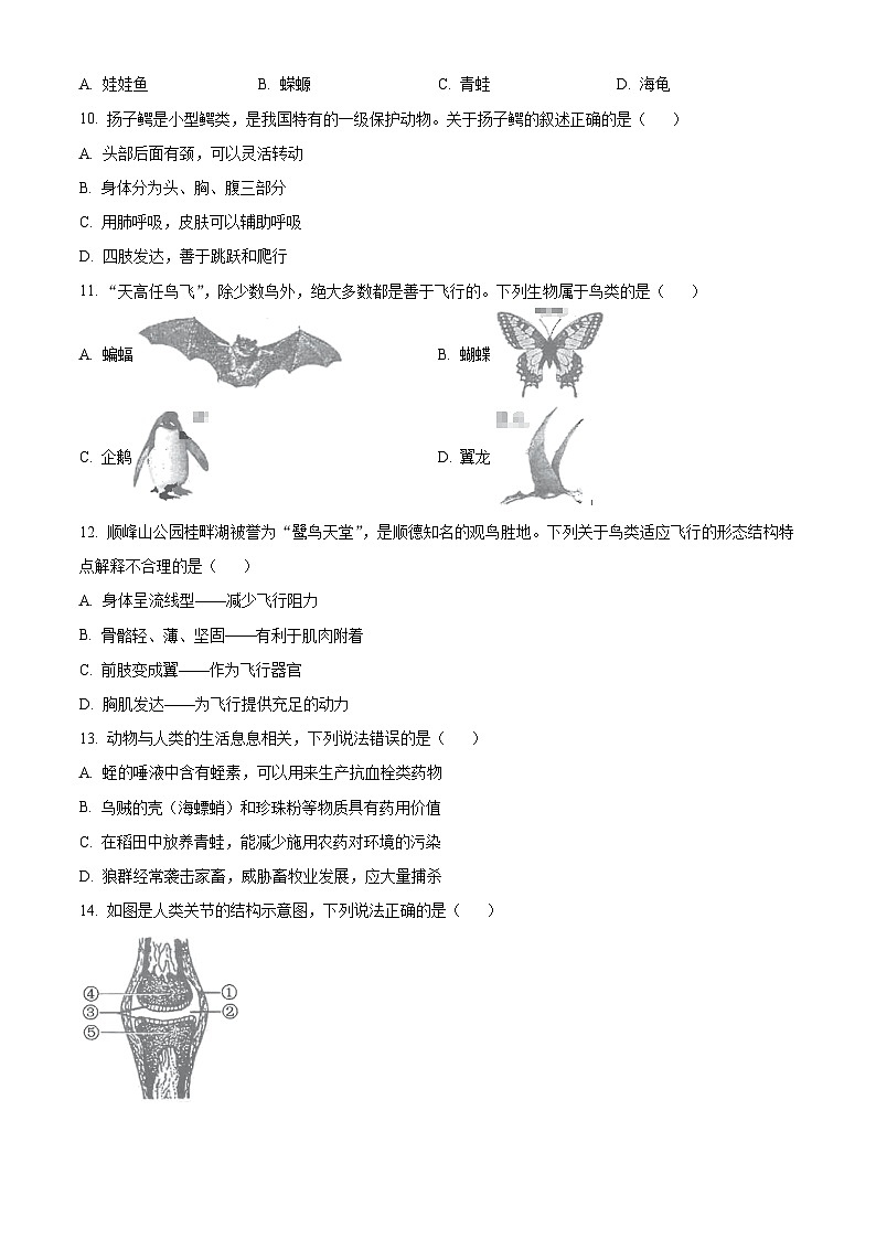 精品解析：广东省佛山市顺德区2021-2022学年八年级上学期期末生物试题（原卷版）第3页