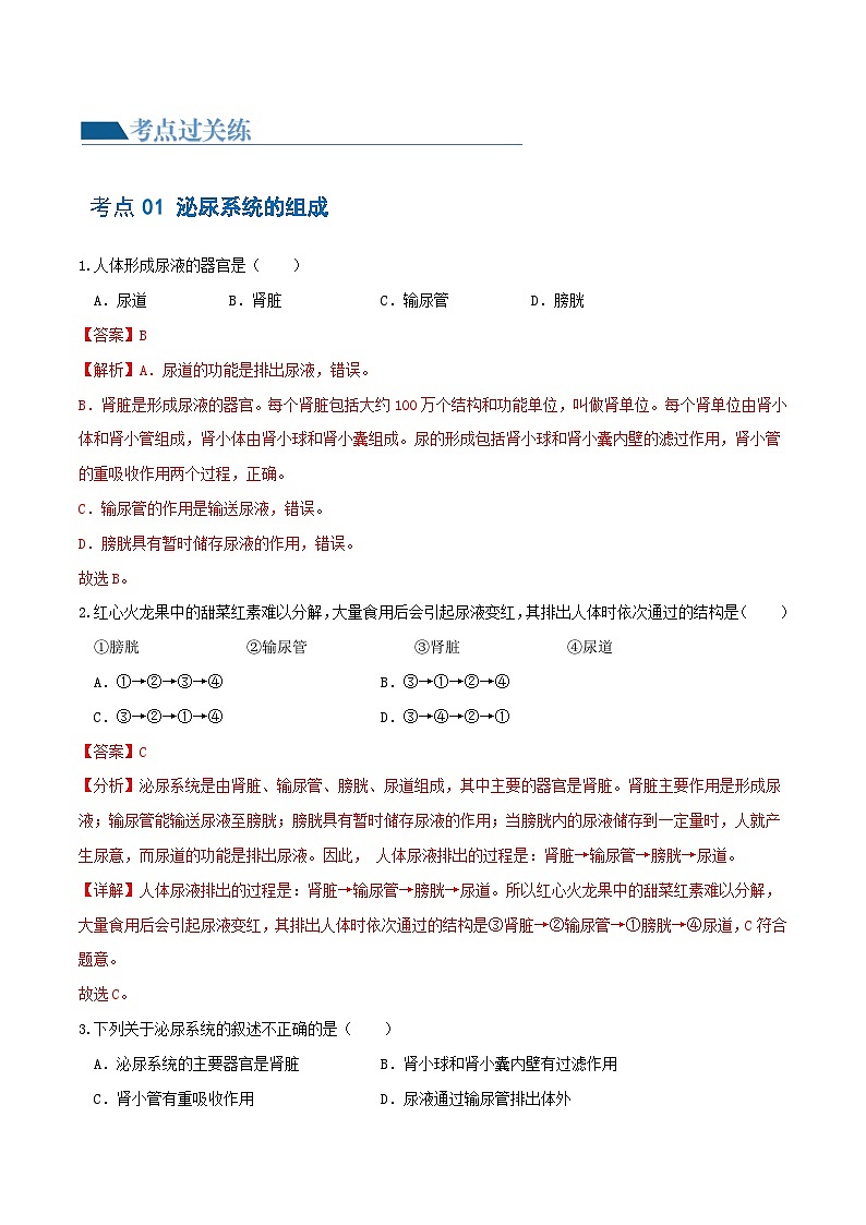 专题13 人体内废物的排出（练习）（解析版） 第2页