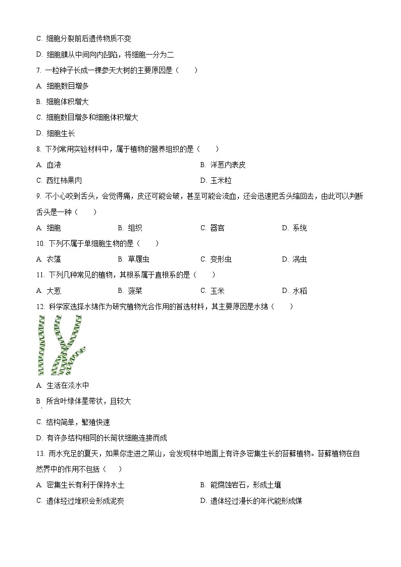 精品解析：福建省莆田市城厢区2022-2023学年七年级上学期期末生物试题（原卷版）第2页