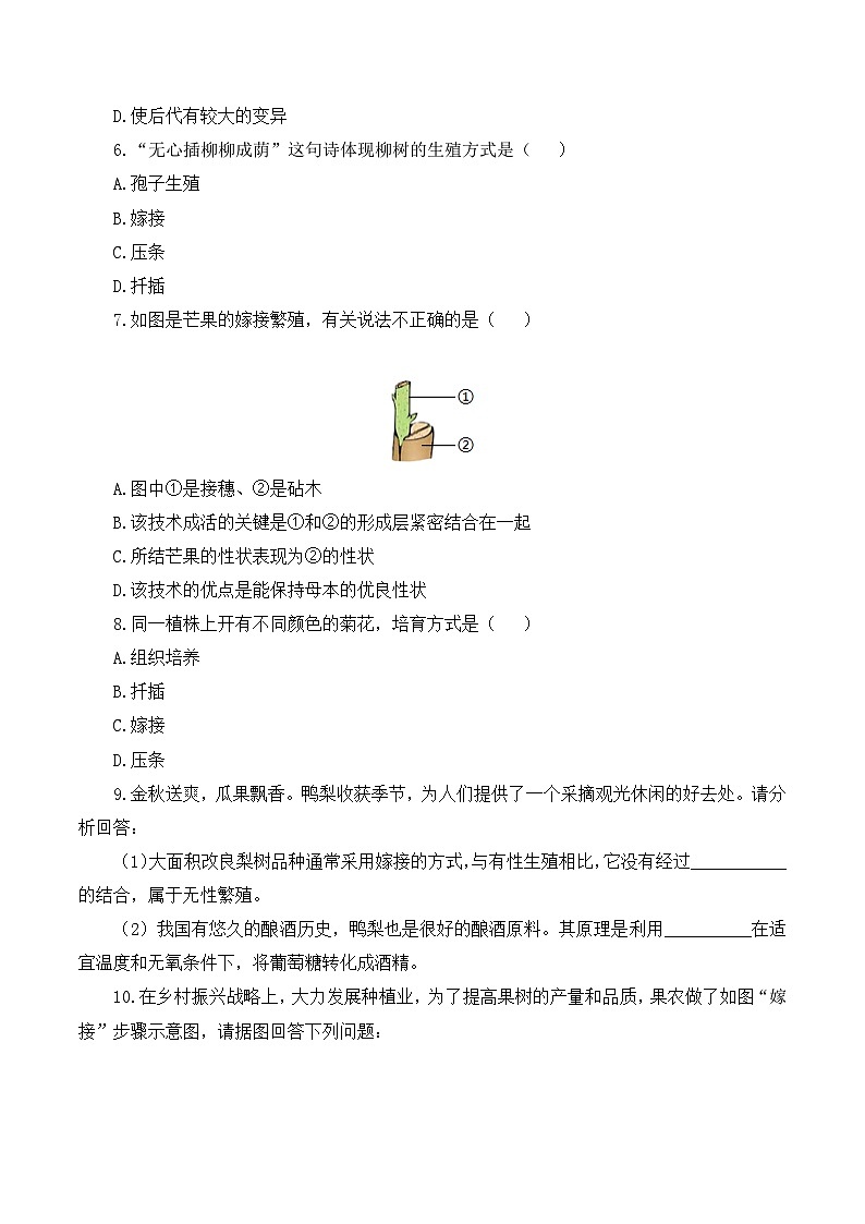 人教版八年级下册生物同步练习 7.1.1 植物的生殖（分层作业）（原卷版+解析）02