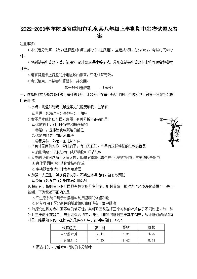 2022-2023学年陕西省咸阳市礼泉县八年级上学期期中生物试题及答案第1页