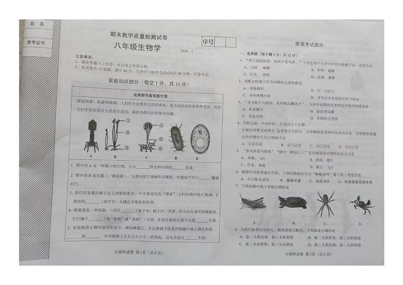 辽宁省大连市金州区2023-2024学年八年级上学期期末教学质量检测生物试卷第1页