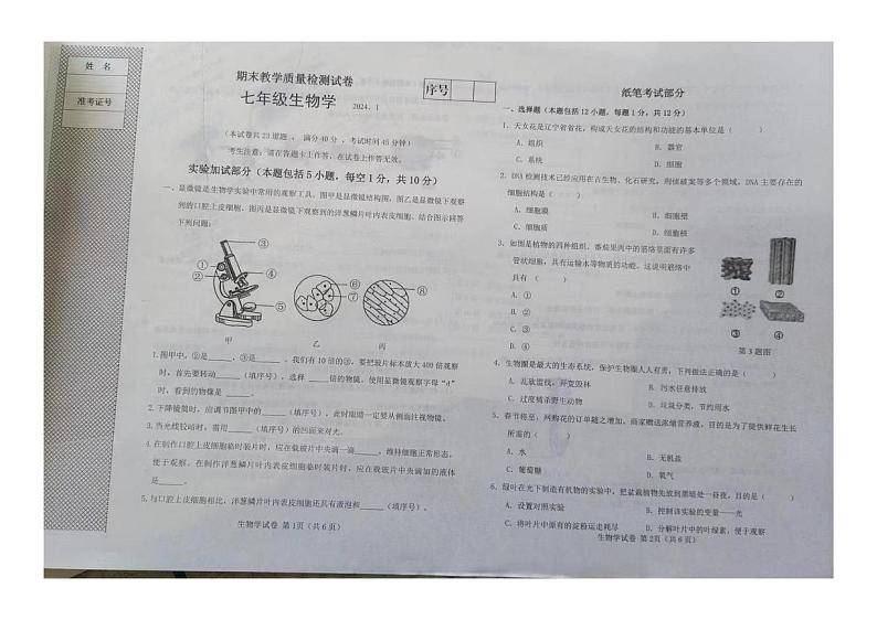 辽宁省大连市金州区2023-2024学年七年级上学期期末教学质量检测生物试卷第1页