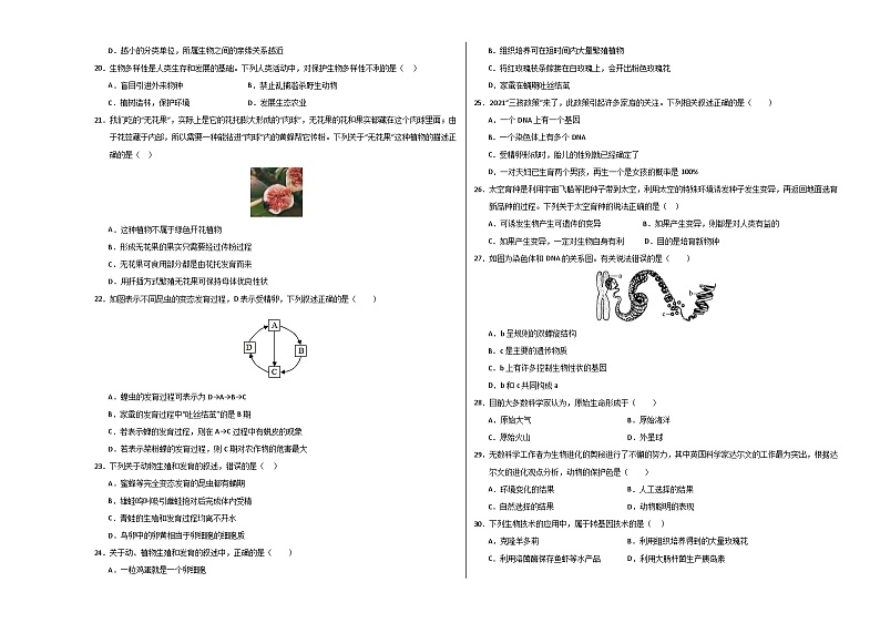 2024年初三中考第一次模拟考试试题：生物（苏州卷）（考试版A3）03