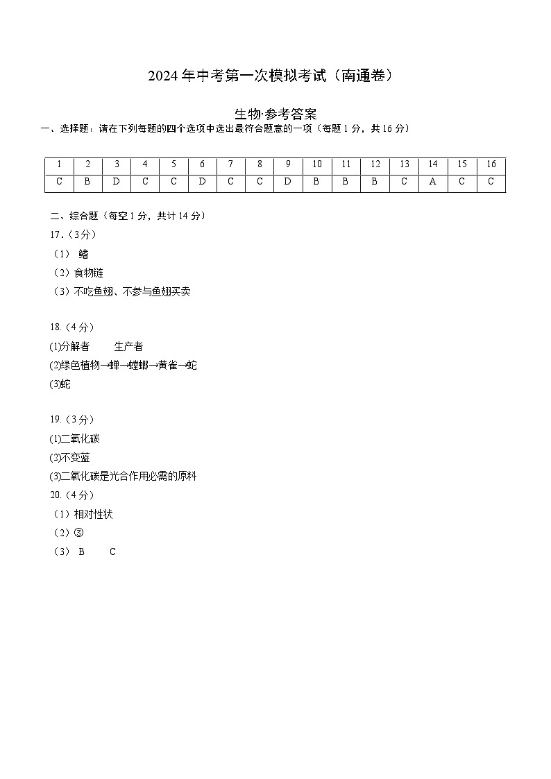2024年初三中考第一次模拟考试试题：生物（南通卷）（参考答案及评分标准）第1页