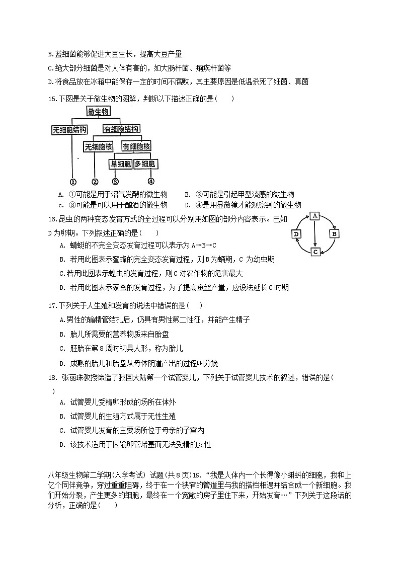 08，广东省揭阳市揭东区2023—2024学年八年级下学期入学考试生物试卷第3页