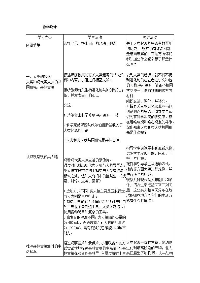 人教版生物七年级下册 第一章第一节  人类的起源和发展教案02