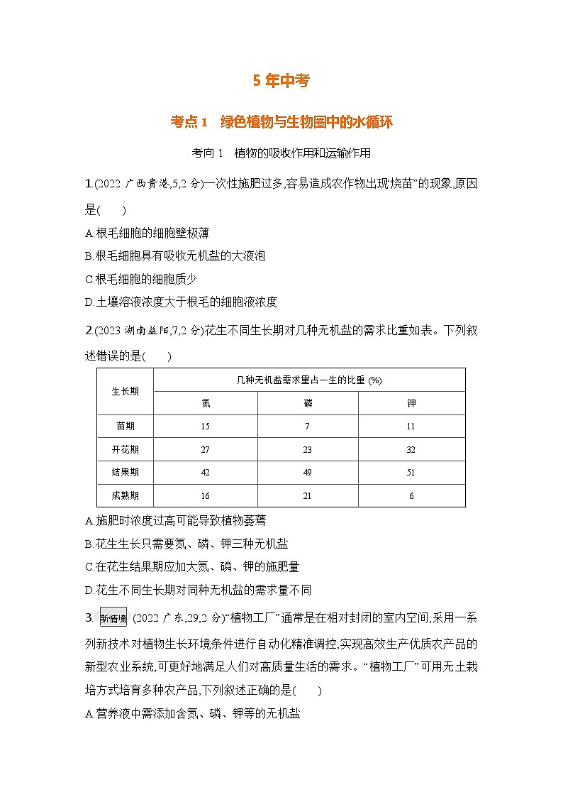 主题4 植物的生活--2024年中考 初中生物 一轮复习练习02