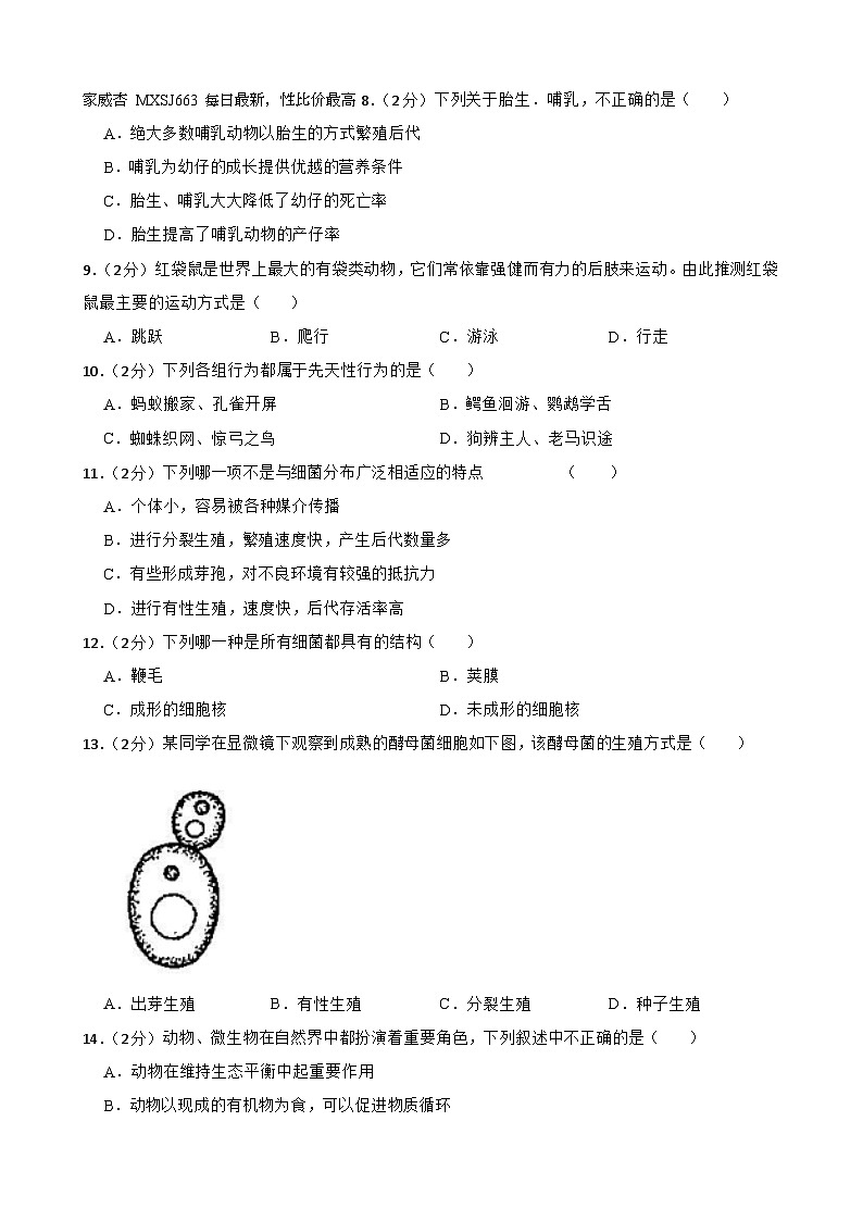 21，甘肃省武威市凉州区四中教研联片2023-2024学年八年级下学期开学考试生物试题02