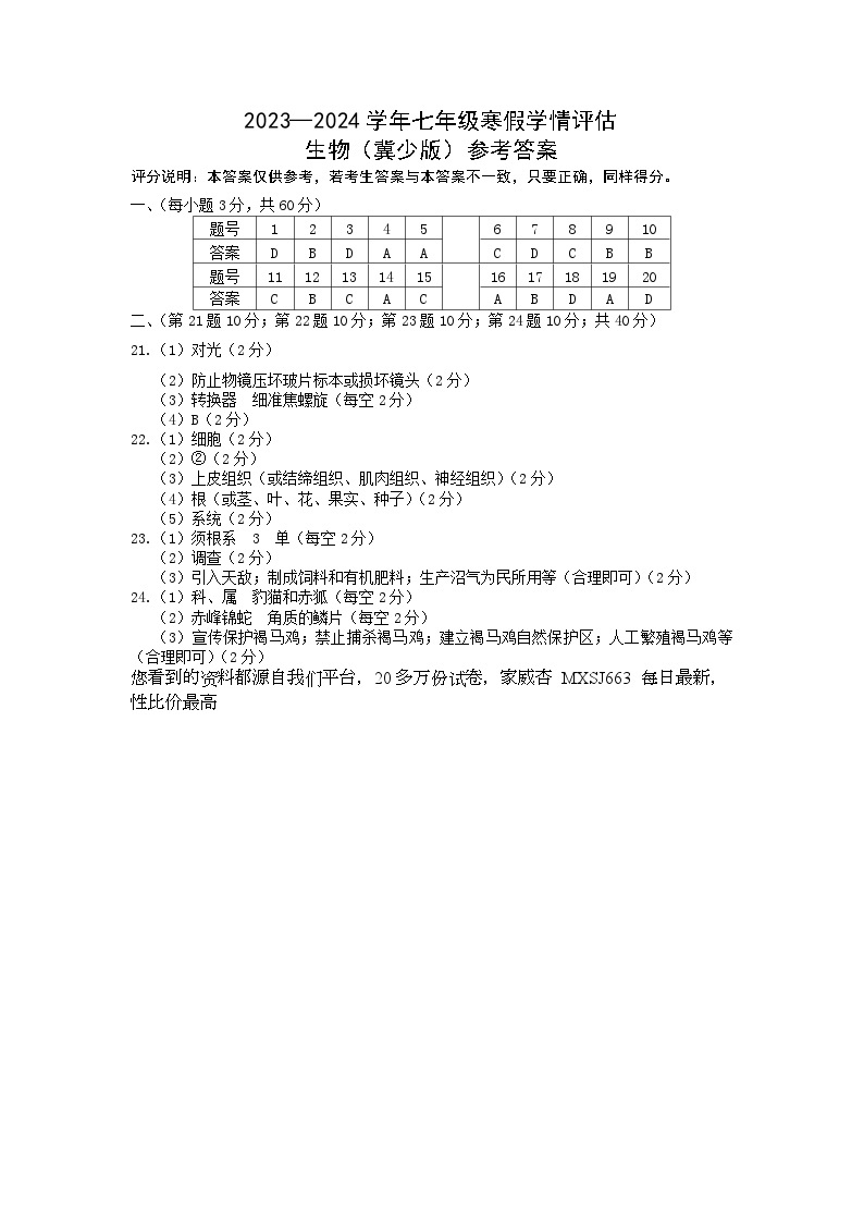 23，河北省张家口市张北县第三中学2023-2024学年七年级下学期开学考试生物试题(1)01