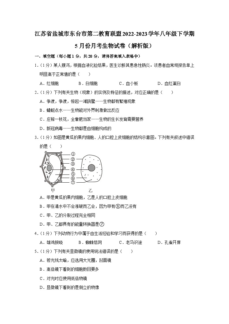 江苏省盐城市东台市第二教育联盟2022-2023学年八年级下学期5月份月考生物试卷第1页