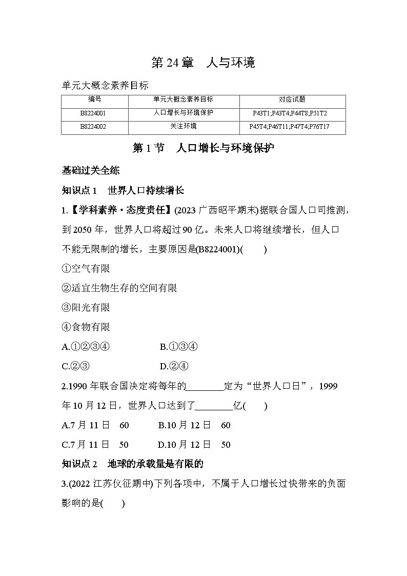 24.1　人口增长与环境保护--北师大版初中生物八年级下册同步练习01