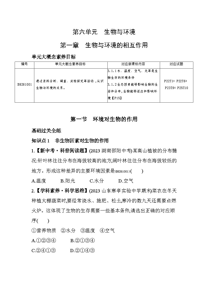 6.11  环境对生物的作用--济南版初中生物八年级下册同步练习第1页