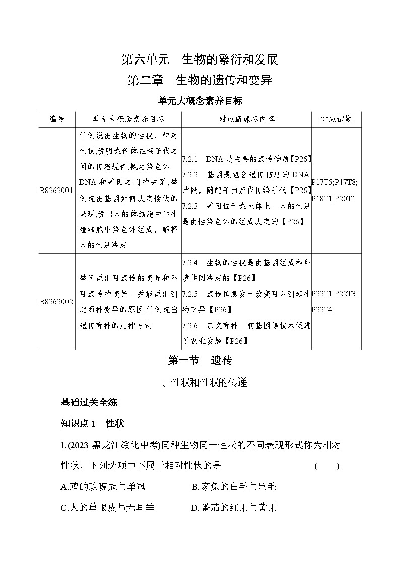 6.21  性状和性状的传递--冀少版初中生物八年级下册同步练习01