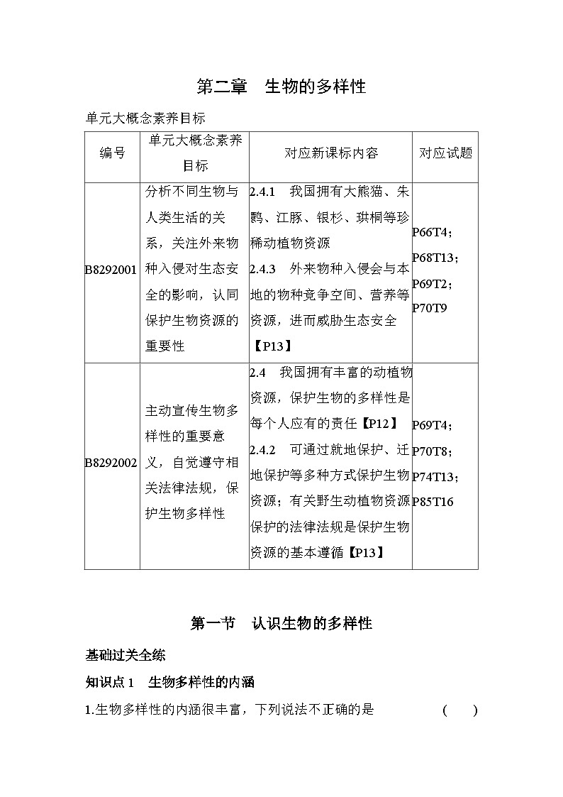 9.21　认识生物的多样性--五四学制鲁科版版初中生物八年级下册同步练习第1页