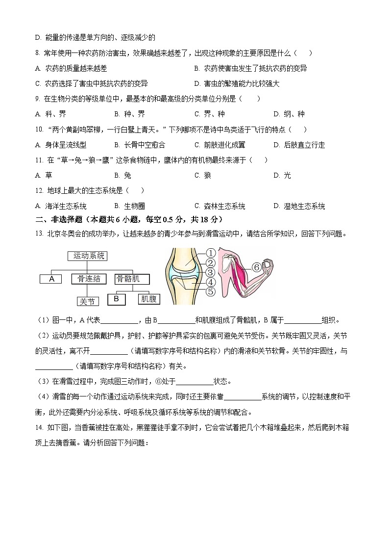 辽宁省沈阳市新民市2023-2024学年八年级上学期期末生物试题（原卷版+解析版）03