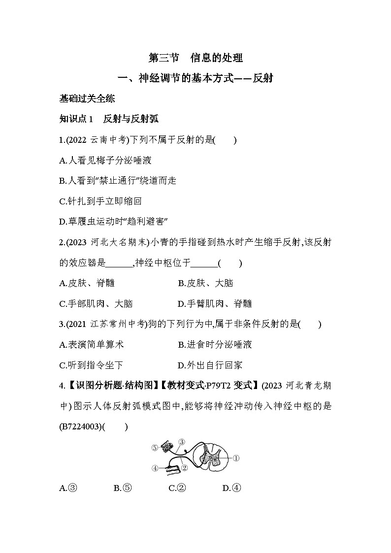 4.31  神经调节的基本方式——反射--冀少版初中生物七年级下册同步练习01