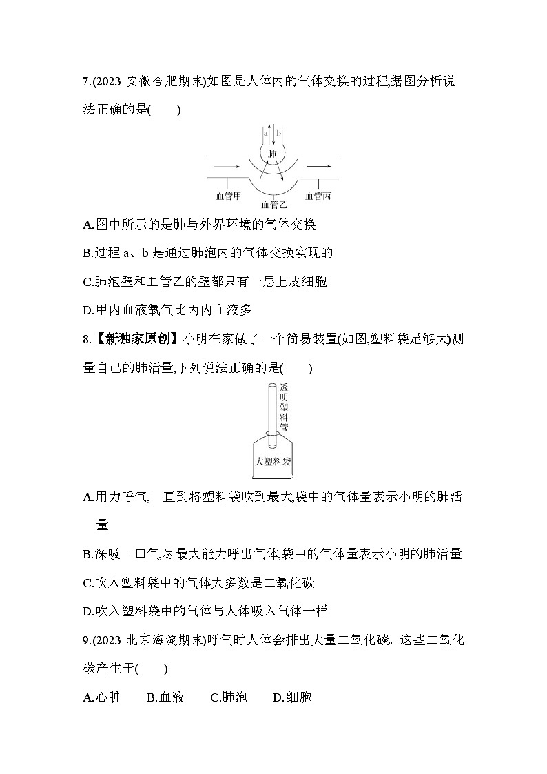 3.2   发生在肺内的气体交换--人教版初中生物七年级下册同步练习第3页