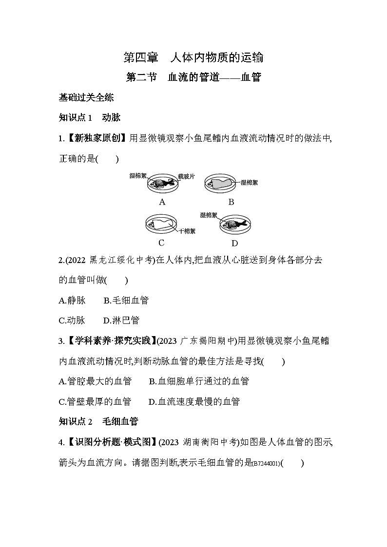4.2   血流的管道——血管--人教版初中生物七年级下册同步练习第1页
