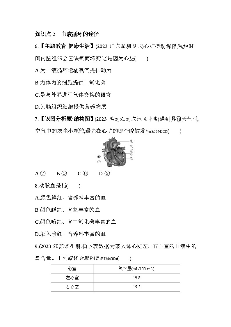4.3   输送血液的泵——心脏--人教版初中生物七年级下册同步练习03