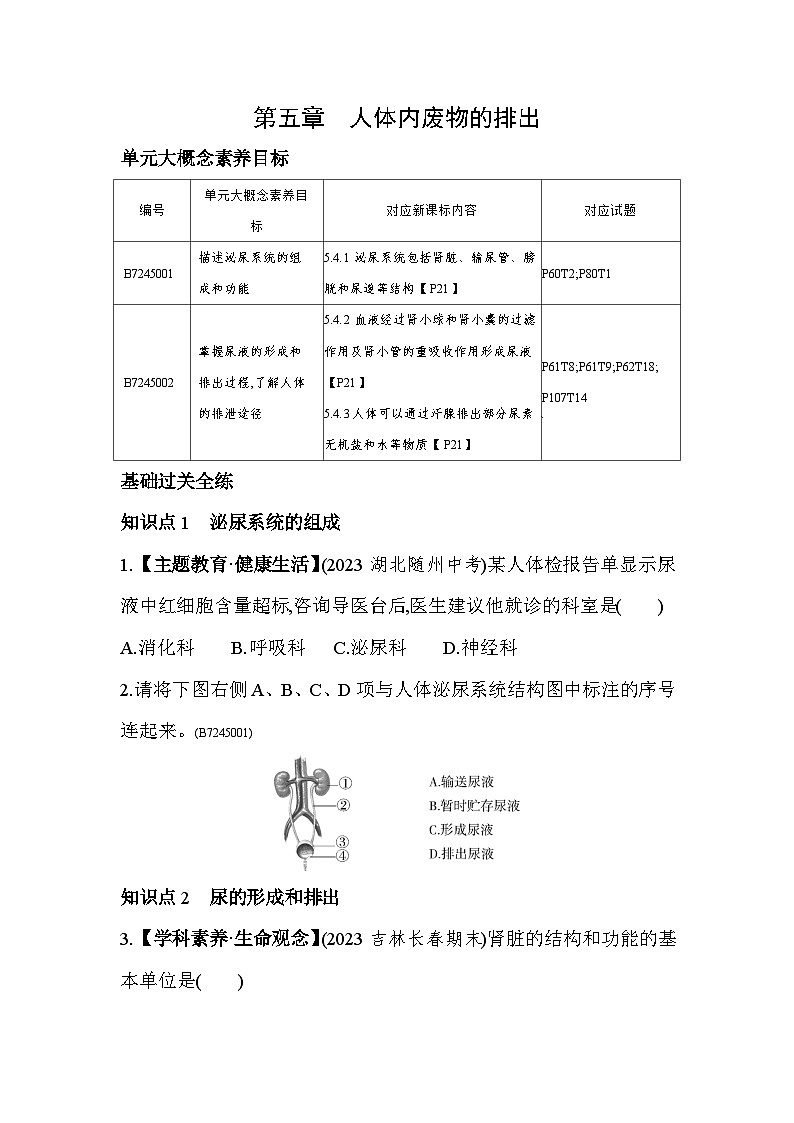 第五章   人体内废物的排出--人教版初中生物七年级下册同步练习第1页