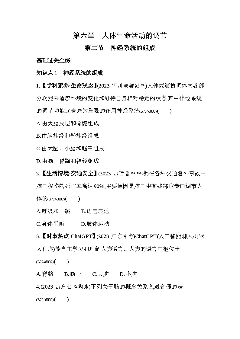 6.2   神经系统的组成--人教版初中生物七年级下册同步练习第1页