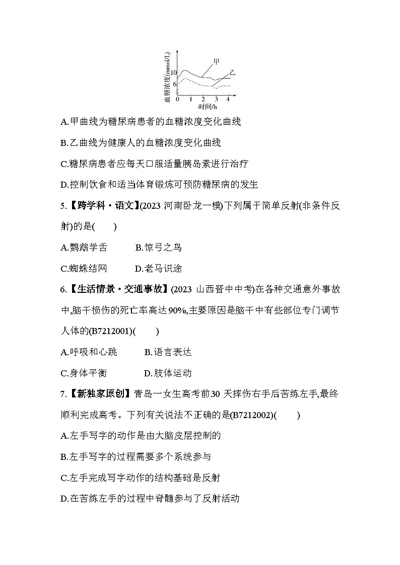第十二章　人体生命活动的调节综合检测--苏教版初中生物七年级下册同步练习第2页