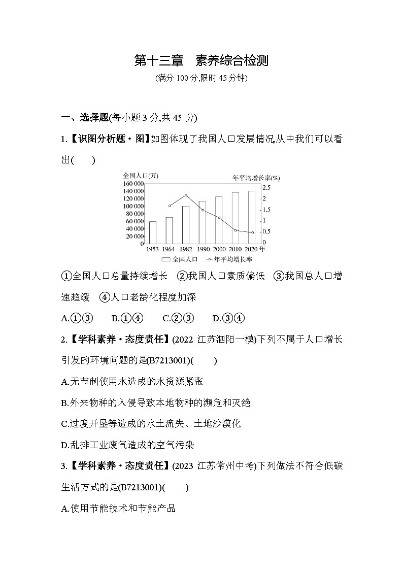 第十三章　人是生物圈中的一员综合检测--苏教版初中生物七年级下册同步练习第1页
