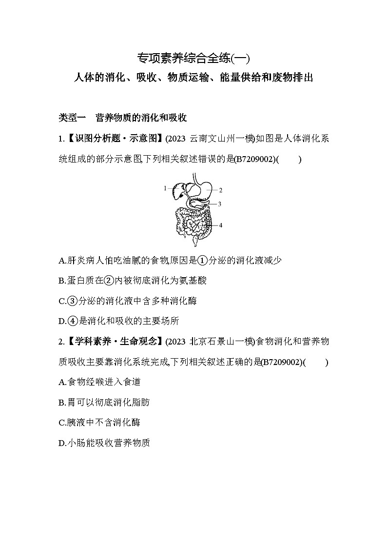 01-专项素养综合全练(一)人体的消化、吸收、物质运输、能量供给和废物排出--苏教版初中生物七年级下册同步练习第1页