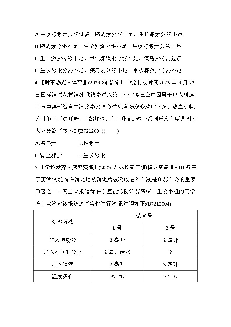 02-专项素养综合全练(二)人体生命活动的调节--苏教版初中生物七年级下册同步练习第2页