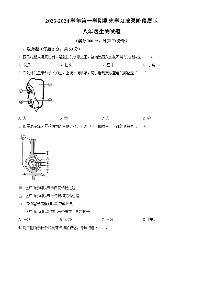 山东省德州市夏津县2023-2024学年八年级上学期期末生物试题（原卷版+解析版）01