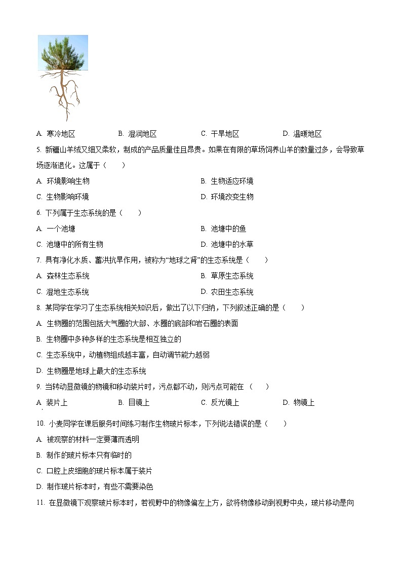 新疆喀什地区2023-2024学年七年级上学期期末生物试题（原卷版+解析版）02