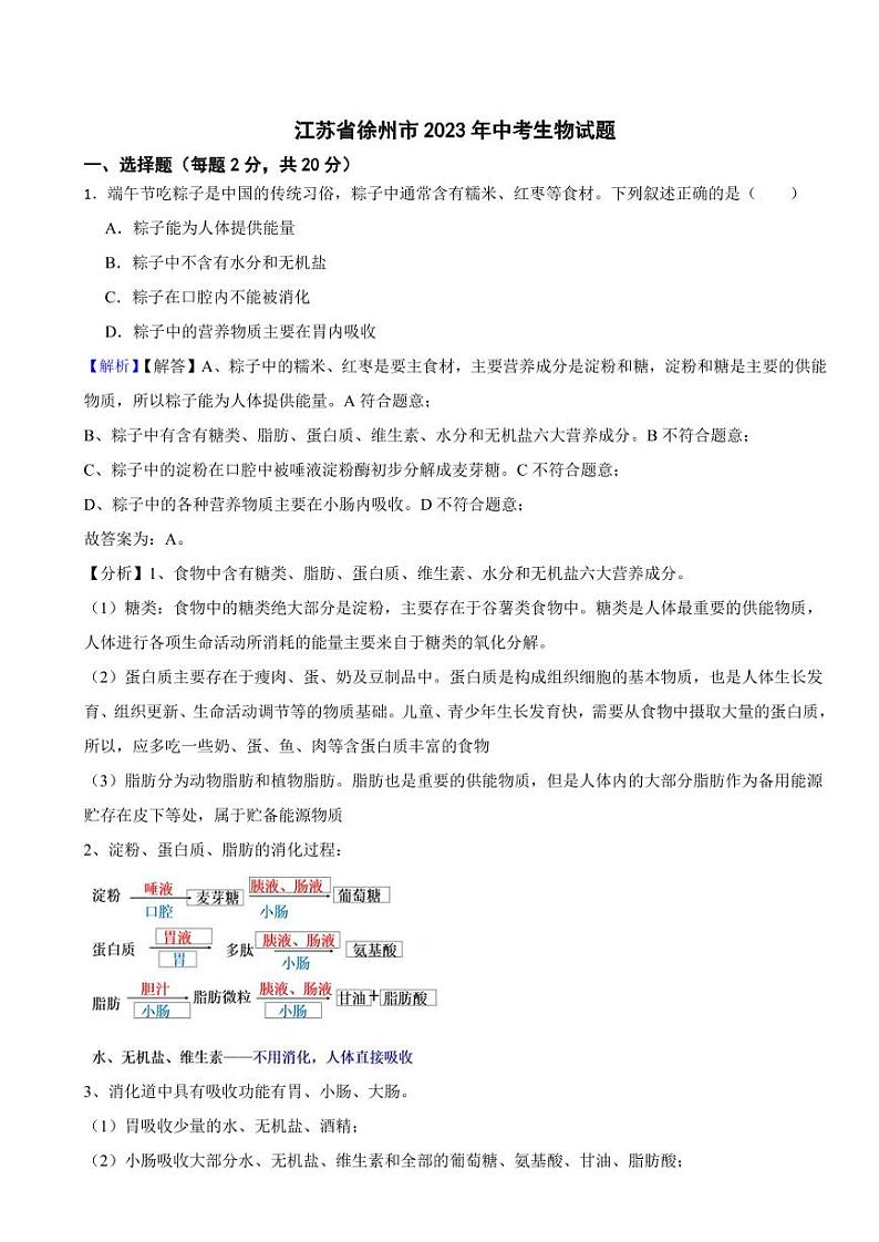 江苏省徐州市2023年中考生物试题（附真题解析）01