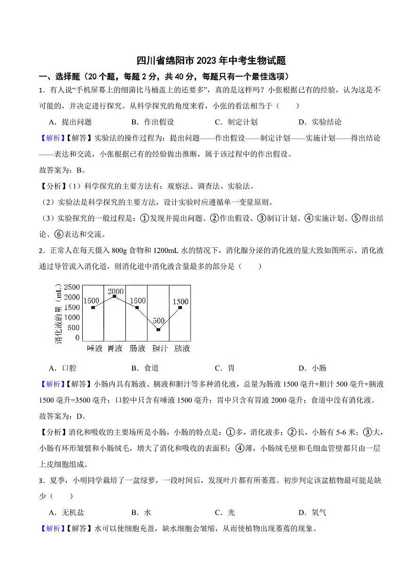 四川省绵阳市2023年中考生物试题（附真题解析）01