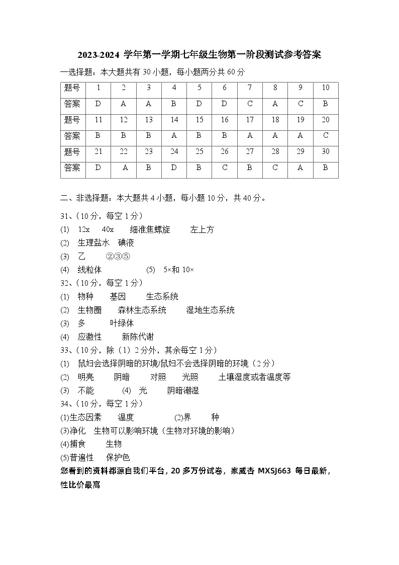 广东省惠州市博罗县2023-2024学年七年级上学期第一次月考生物试题01