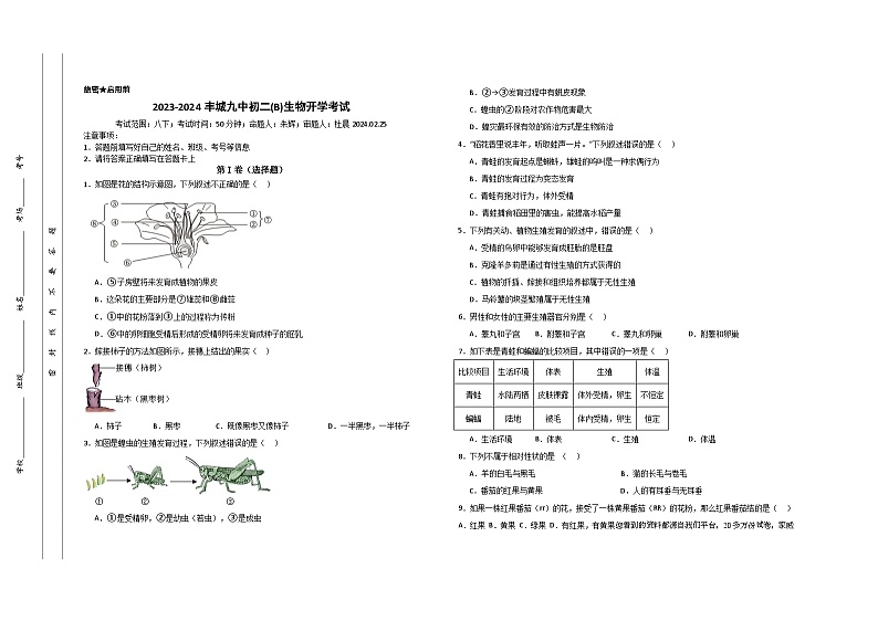 江西省宜春市丰城市第九中学慢班2023-2024学年八年级下学期开学考试生物试题01