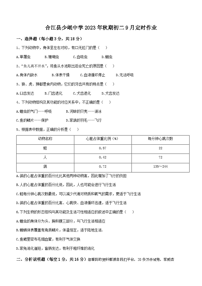 四川省泸州市合江县少岷中学2023-2024学年八年级上学期9月月考生物试题()01