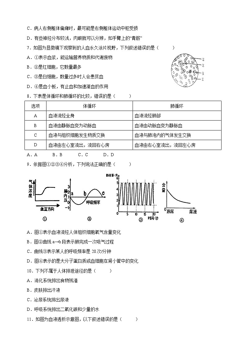 苏科版八年级上册生物第15章《人体内平衡的维持》测试卷（含答案）02
