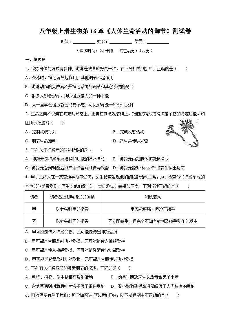 苏科版八年级上册生物第16章《人体生命活动的调节》测试卷（含答案）01