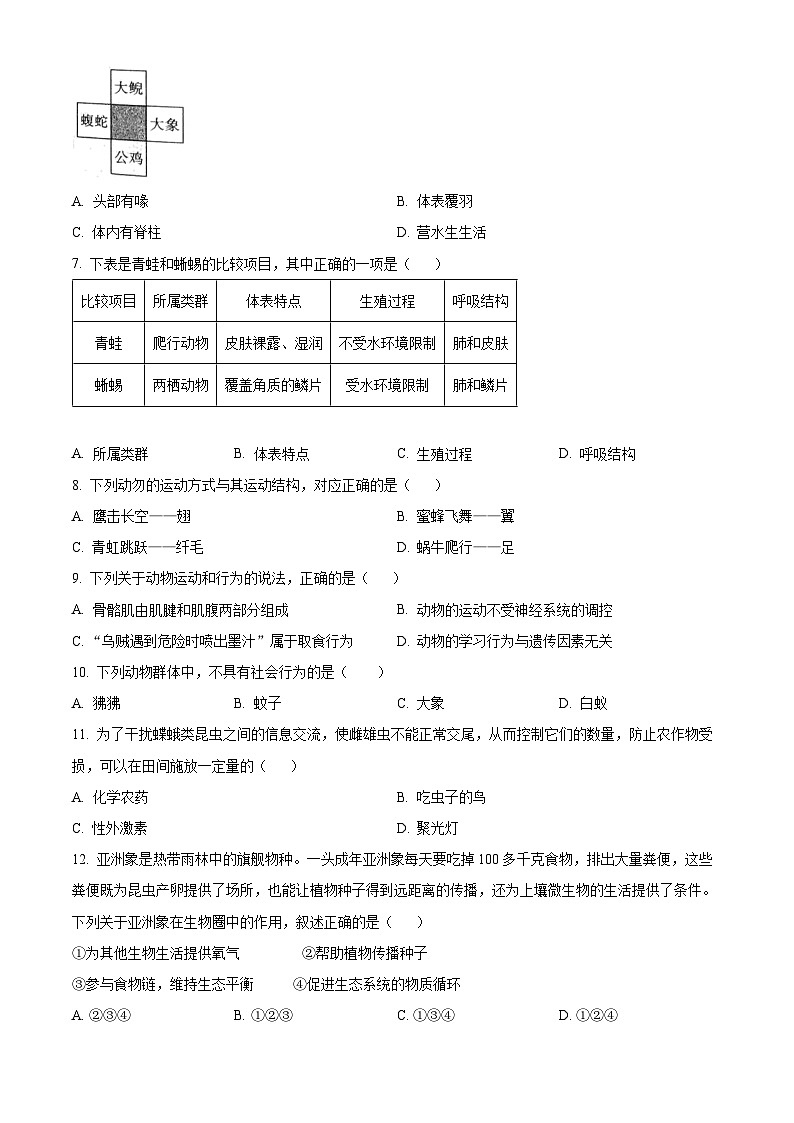 陕西省榆林市神木市2023-2024学年八年级上学期期末生物试题（原卷版+解析版）02