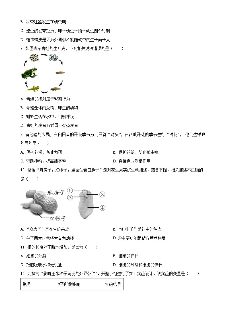 北京市房山区2023-2024学年八年级上学期期末生物试题（原卷版+解析版）02