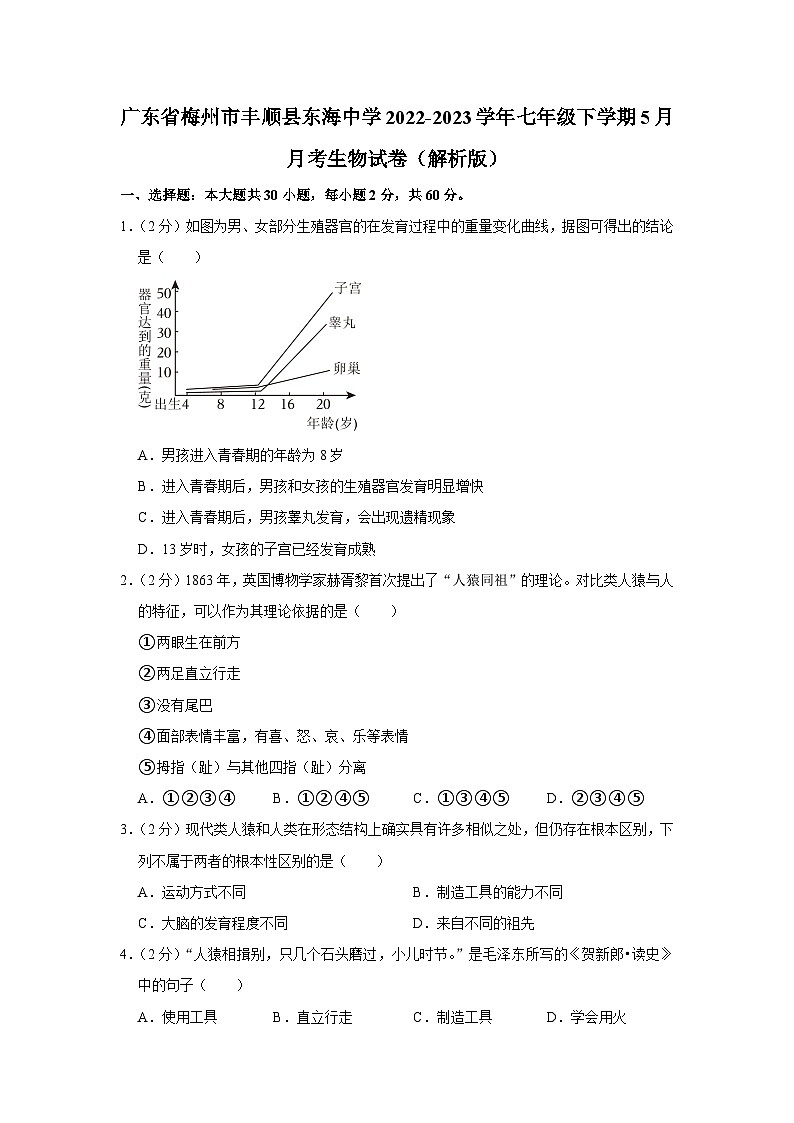 广东省梅州市丰顺县东海中学2022-2023学年七年级下学期5月月考生物试卷第1页